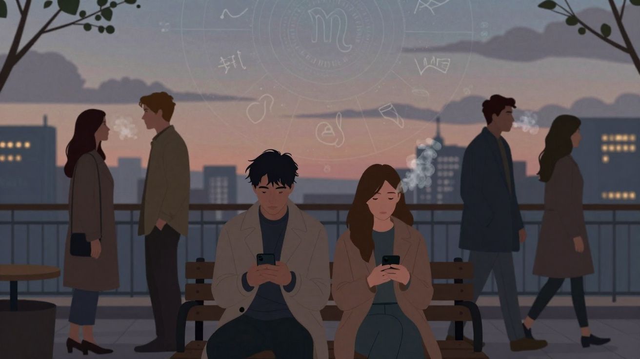 Casal sentado em banco de praça ao anoitecer, ambos olhando para celular, com outros casais ao fundo.