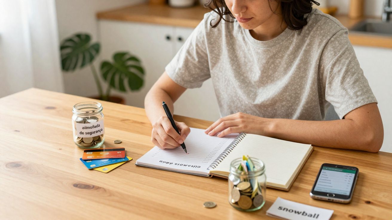 Pessoa anotando orçamento mensal em caderno, com moedas, cartão de crédito e celular sobre mesa de madeira.