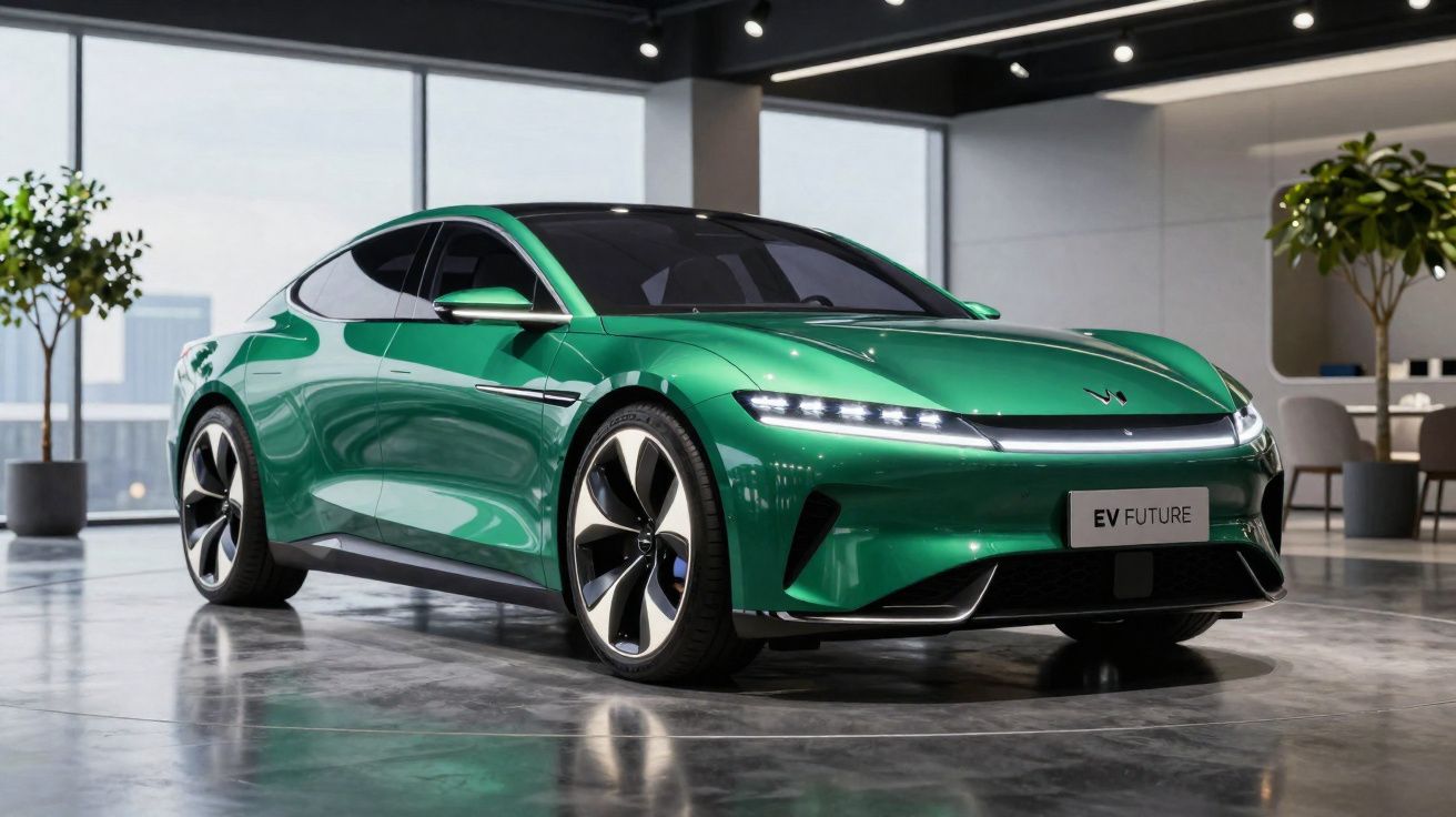 Carro elétrico verde futurista em ambiente interno moderno com piso refletivo e plantas ao fundo.