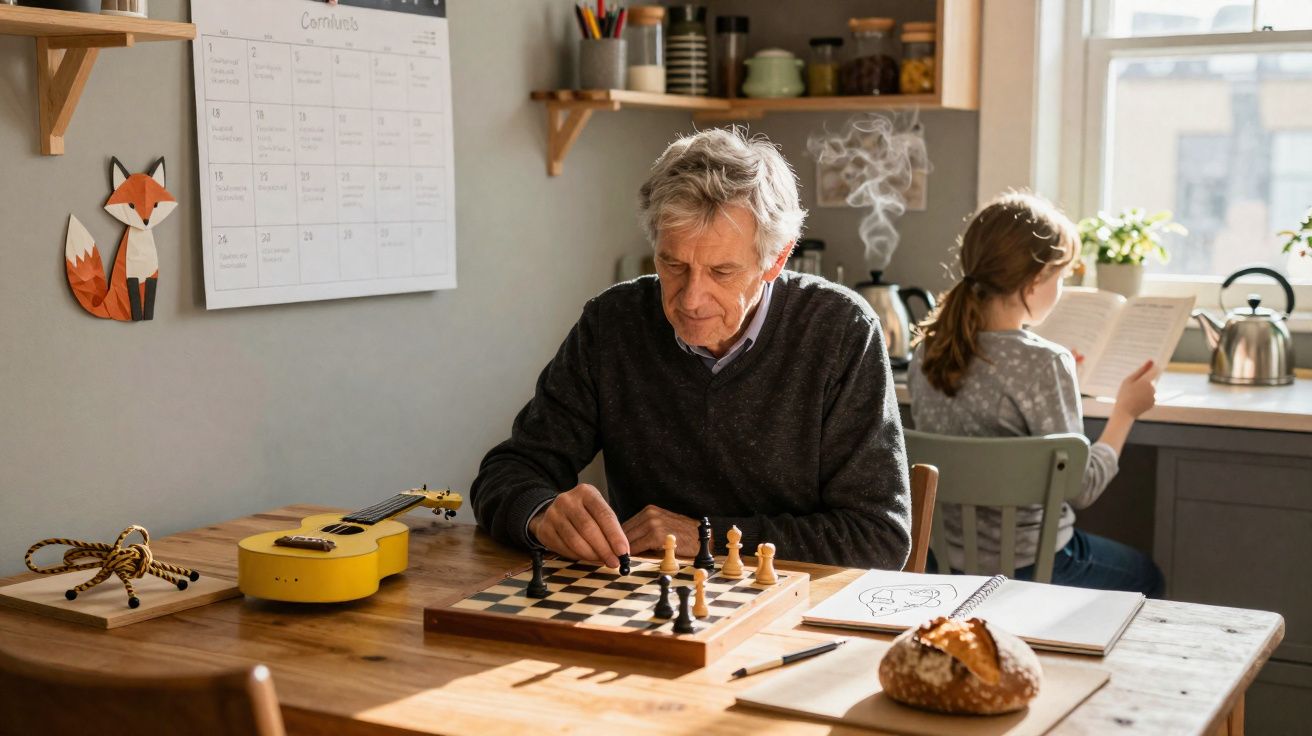 Homem idoso jogando xadrez em mesa de madeira enquanto menina lê livro perto da janela iluminada.