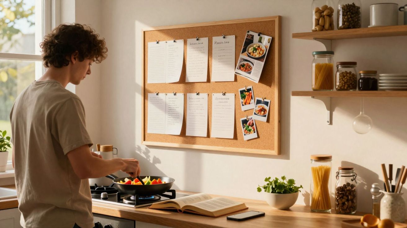 Pessoa cozinhando legumes em frigideira na cozinha com quadro de receitas e prateleiras organizadas.
