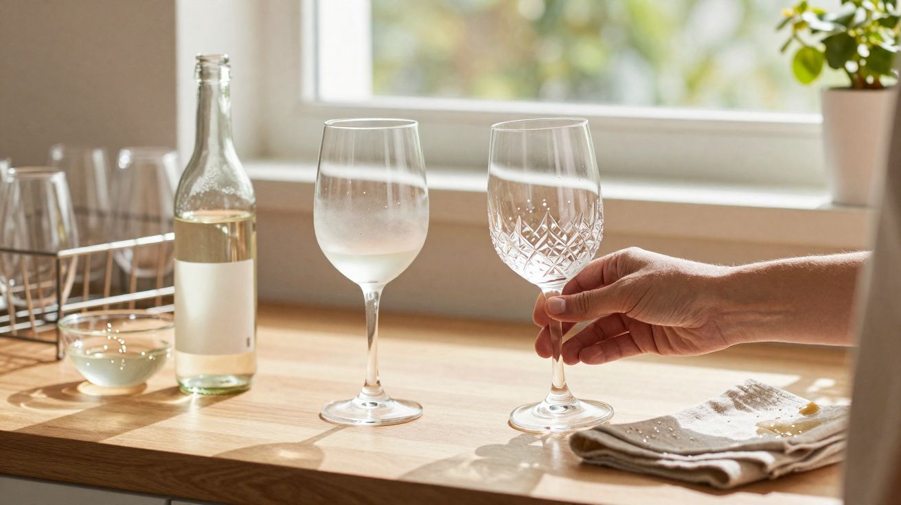 Mão segurando taça de vidro na bancada com outra taça, garrafa e pano perto da janela iluminada.