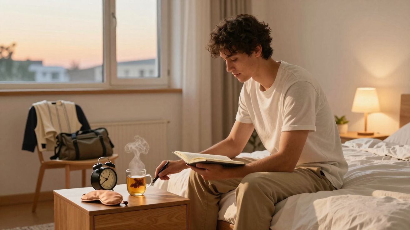 Jovem sentado na cama lendo livro, com chá quente e relógio despertador na mesa ao lado.