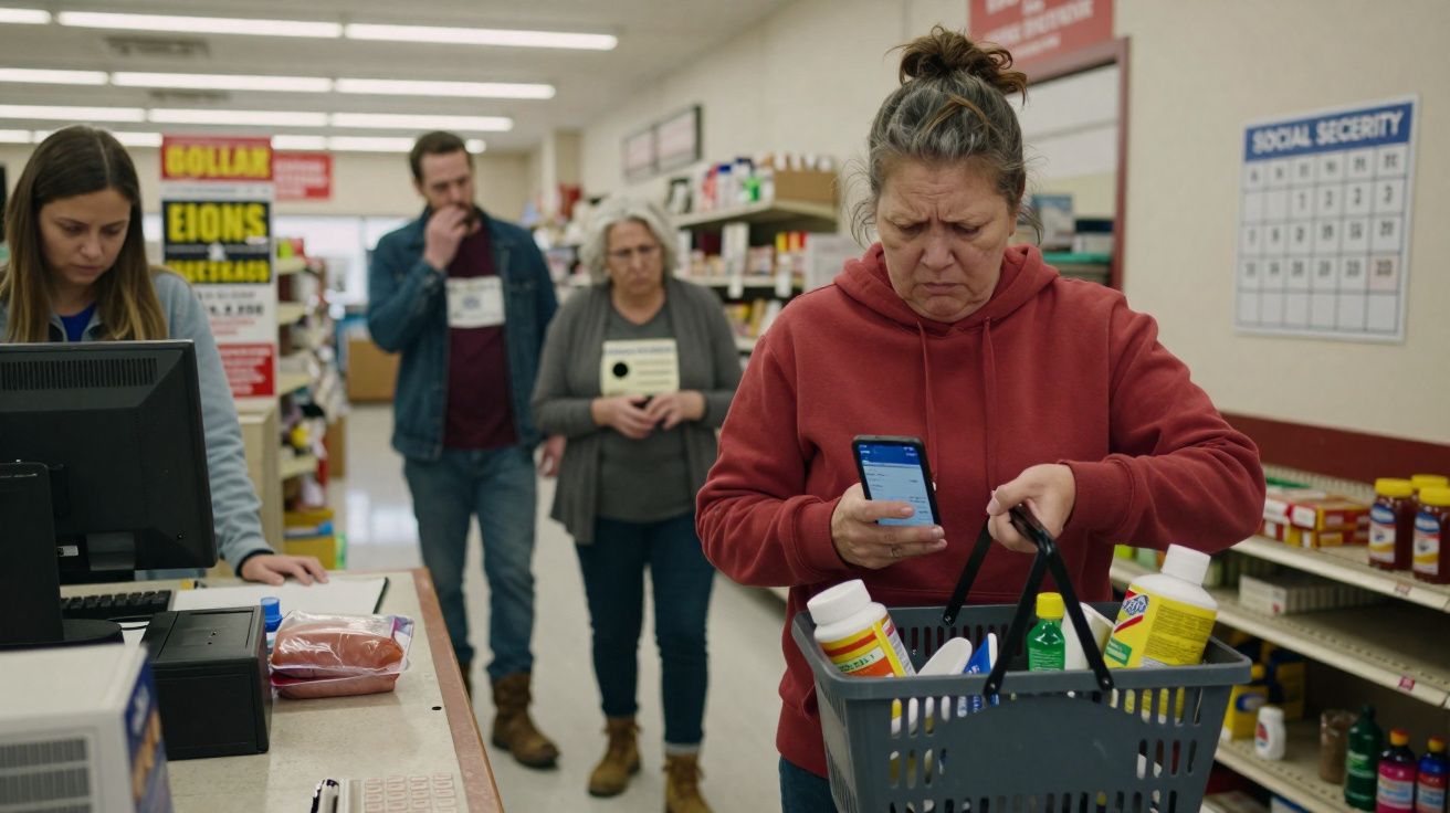 Mulher confusa com compra de medicamentos, segurando celular e cesta em fila de farmácia com outras pessoas atrás.