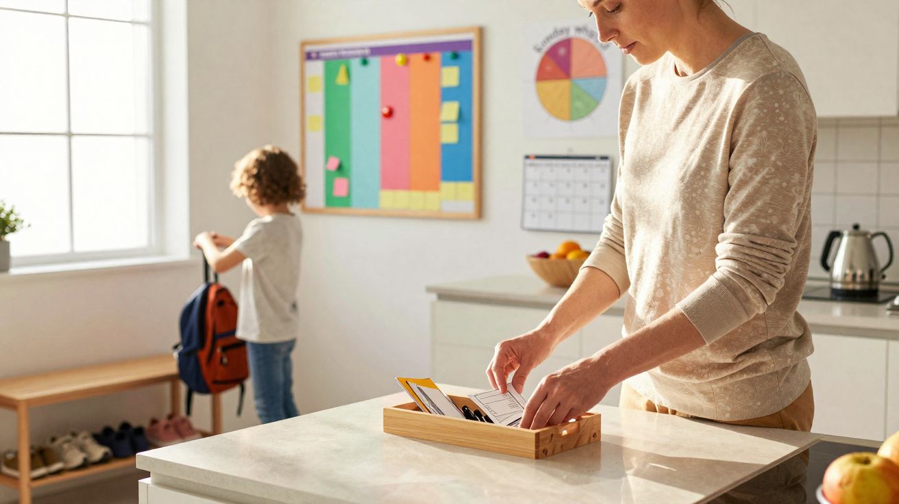 Mulher separa cartões em caixa na cozinha enquanto criança arruma mochila perto da janela.