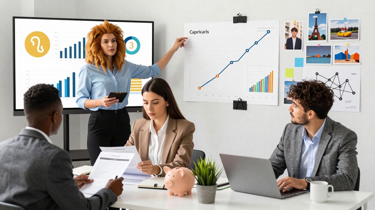 Grupo de profissionais em reunião analisando gráficos e documentos em escritório moderno.