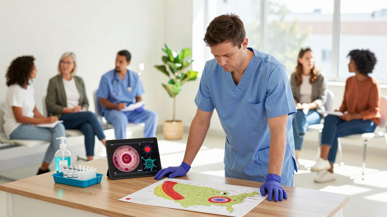 Profissional de saúde analisa mapa epidemiológico enquanto pacientes aguardam sentados ao fundo.