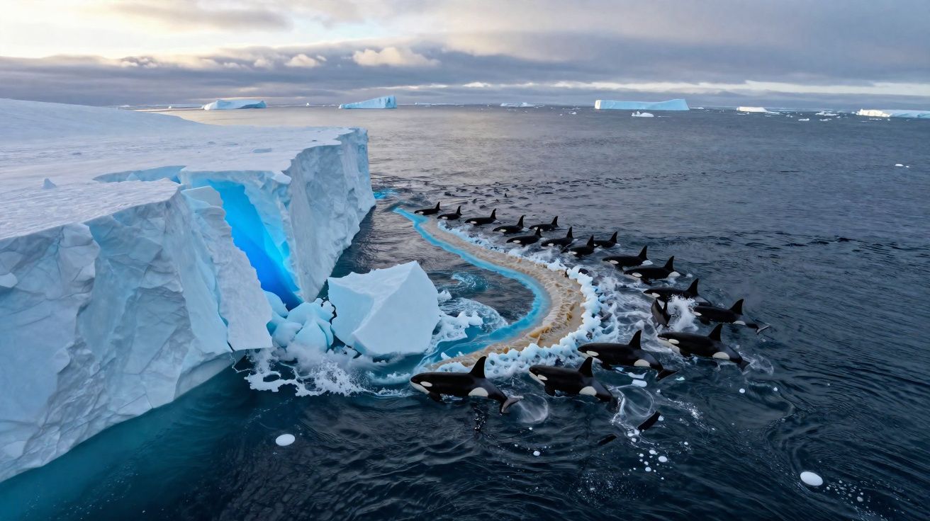 Orcas nadando próximo a uma impressionante placa de gelo na Antártida, céu nublado ao fundo.