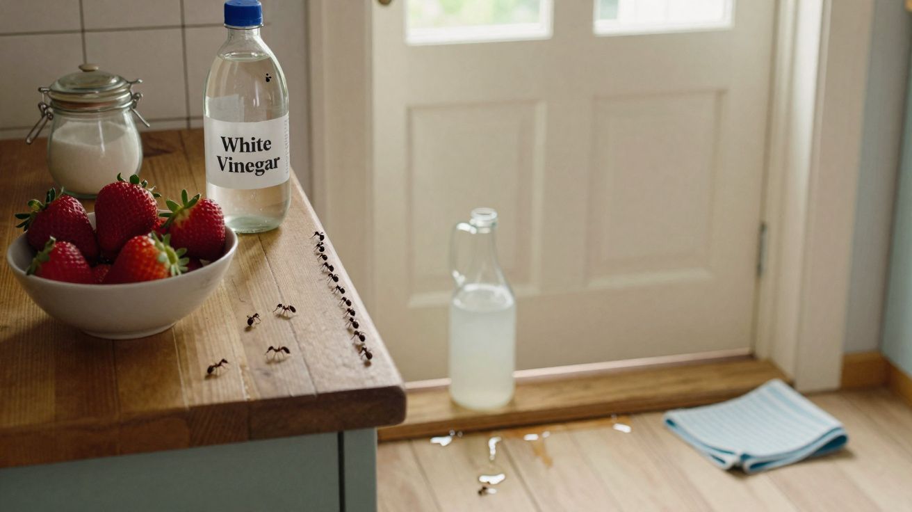 Colher de morangos e vinagre branco sobre bancada com formigas e garrafa tombada no chão.