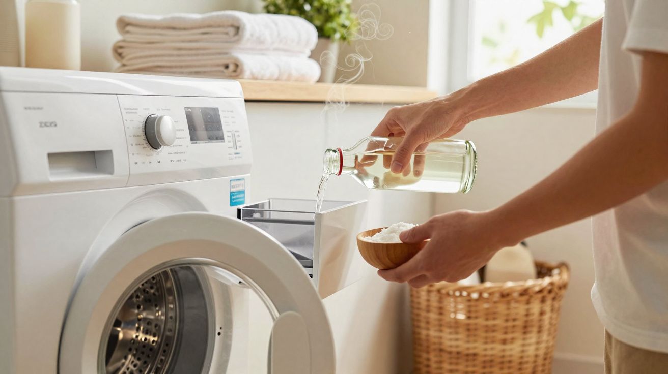 Pessoa despejando líquido em máquina de lavar roupa branca com roupas dobradas ao fundo.
