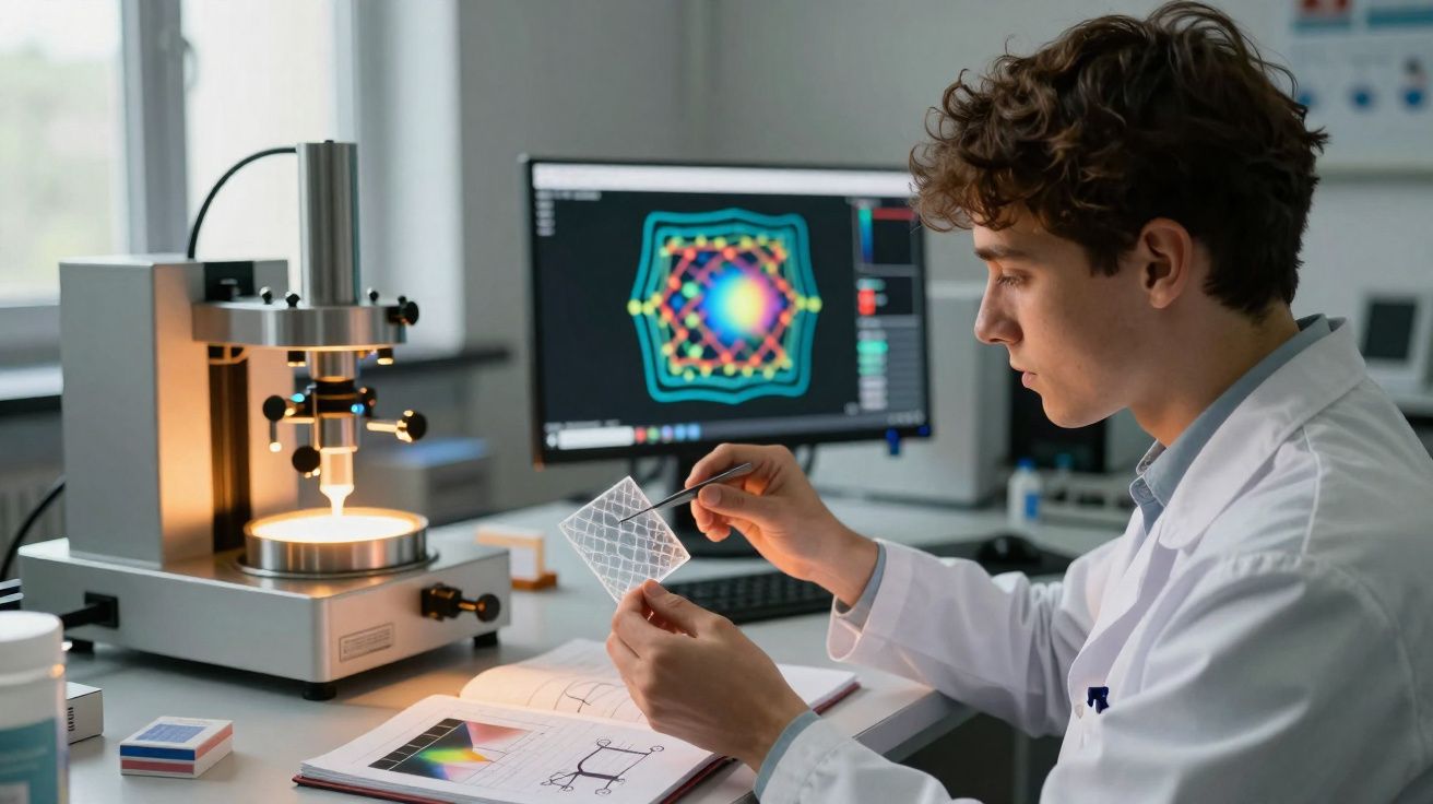 Cientista analisa material transparente com padrão geométrico em laboratório moderno.