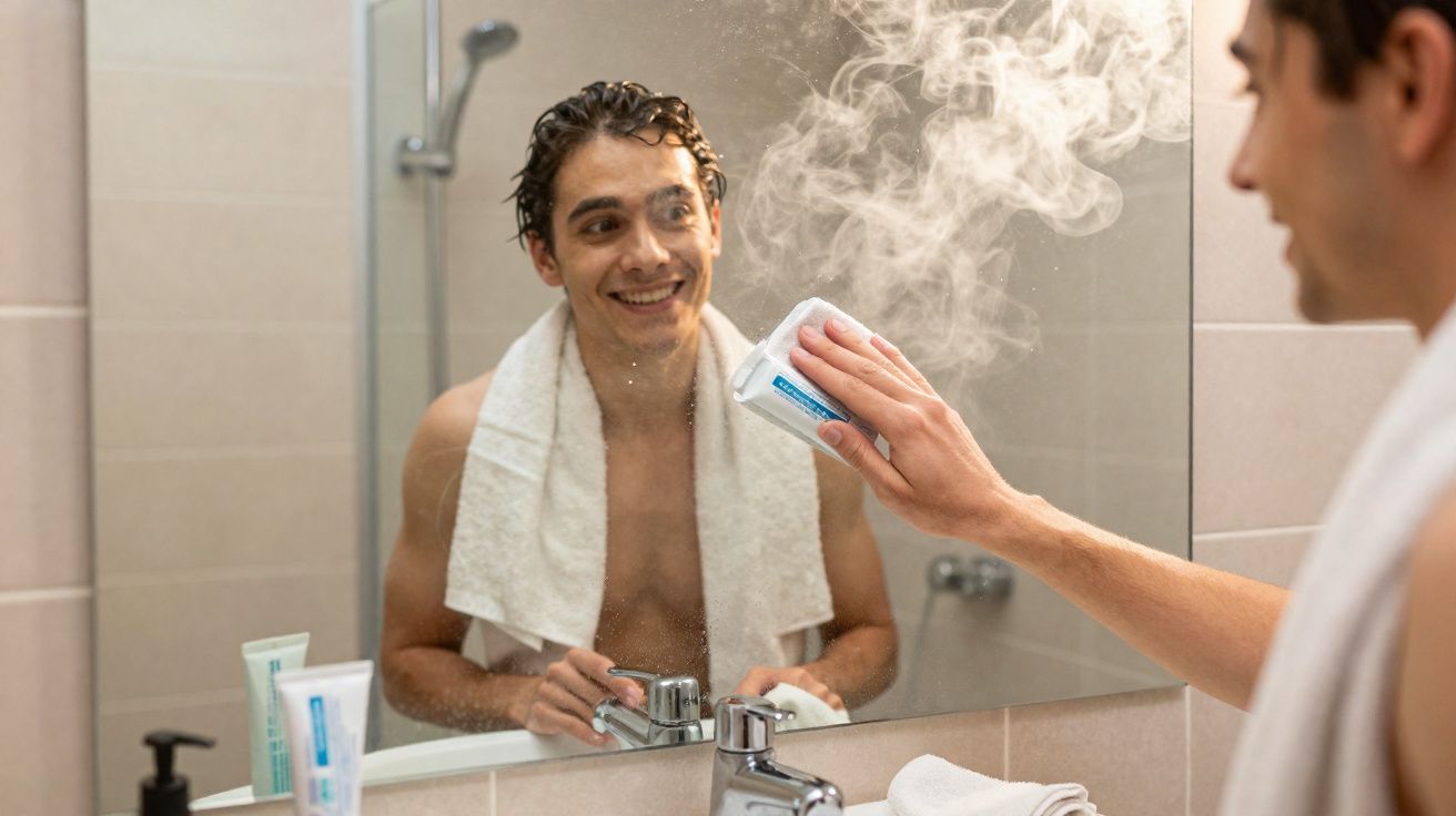 Homem sorrindo limpa o espelho do banheiro que está embaçado com pano úmido e toalha no pescoço.