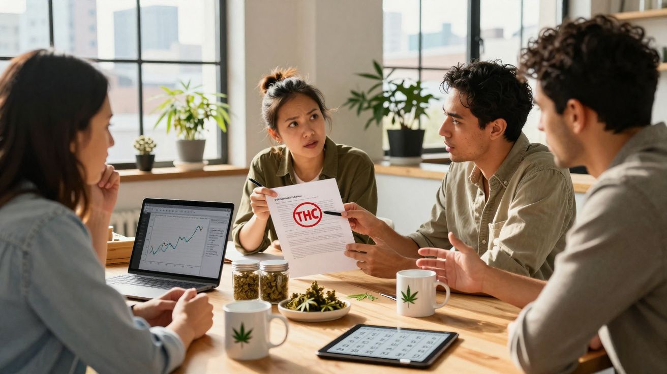 Pessoas reunidas em reunião de trabalho discutindo documento com símbolo THC em escritório iluminado.