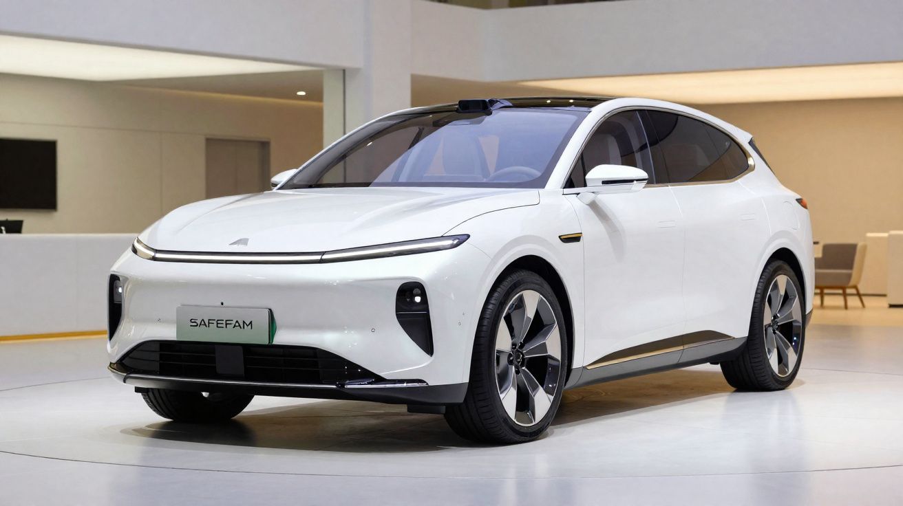 Carro elétrico branco Safefam em ambiente interno, com design moderno e rodas esportivas.