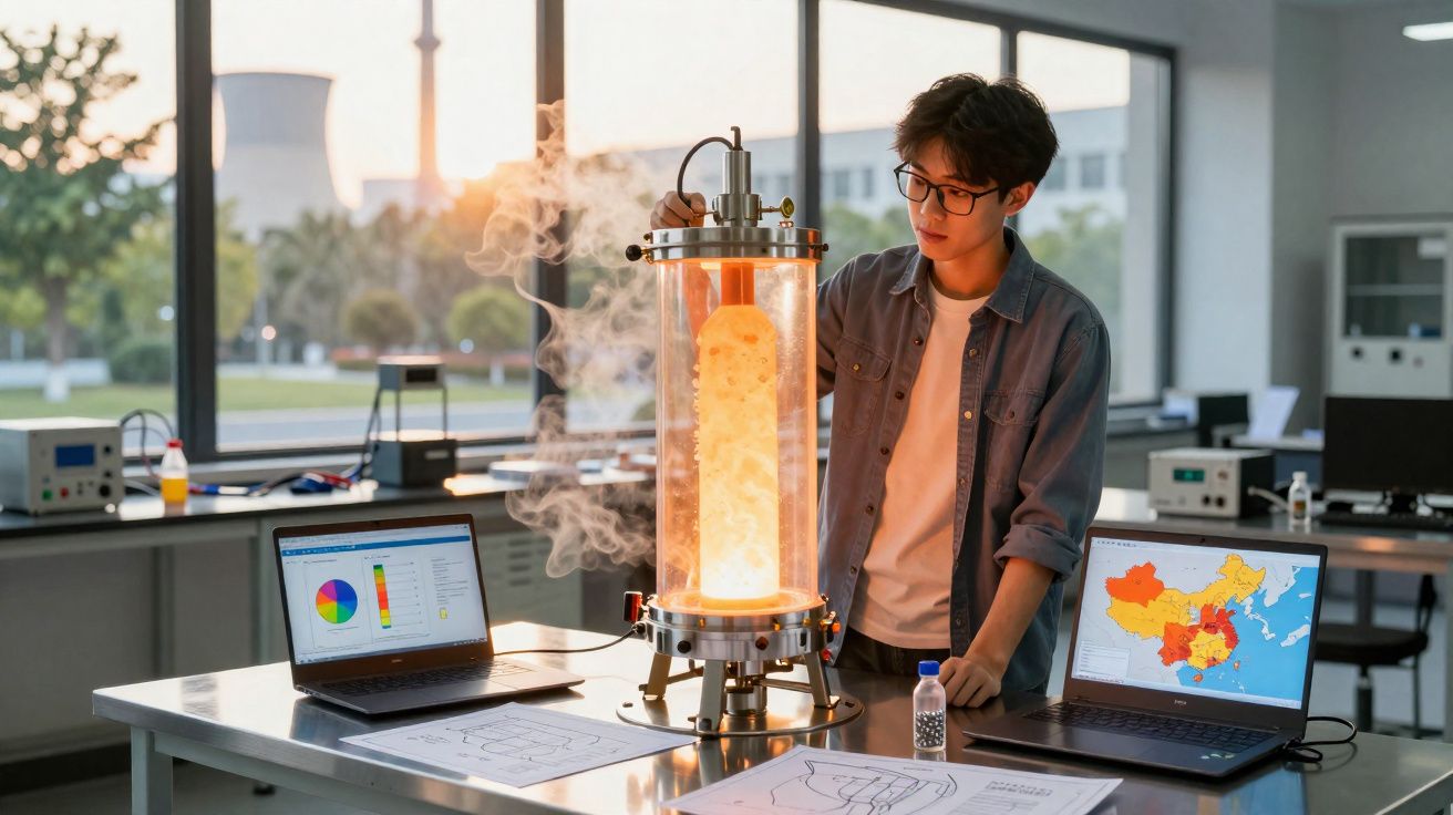 Jovem observa experimento científico com reação química em tubo, rodeado por laptops e gráficos em laboratório.