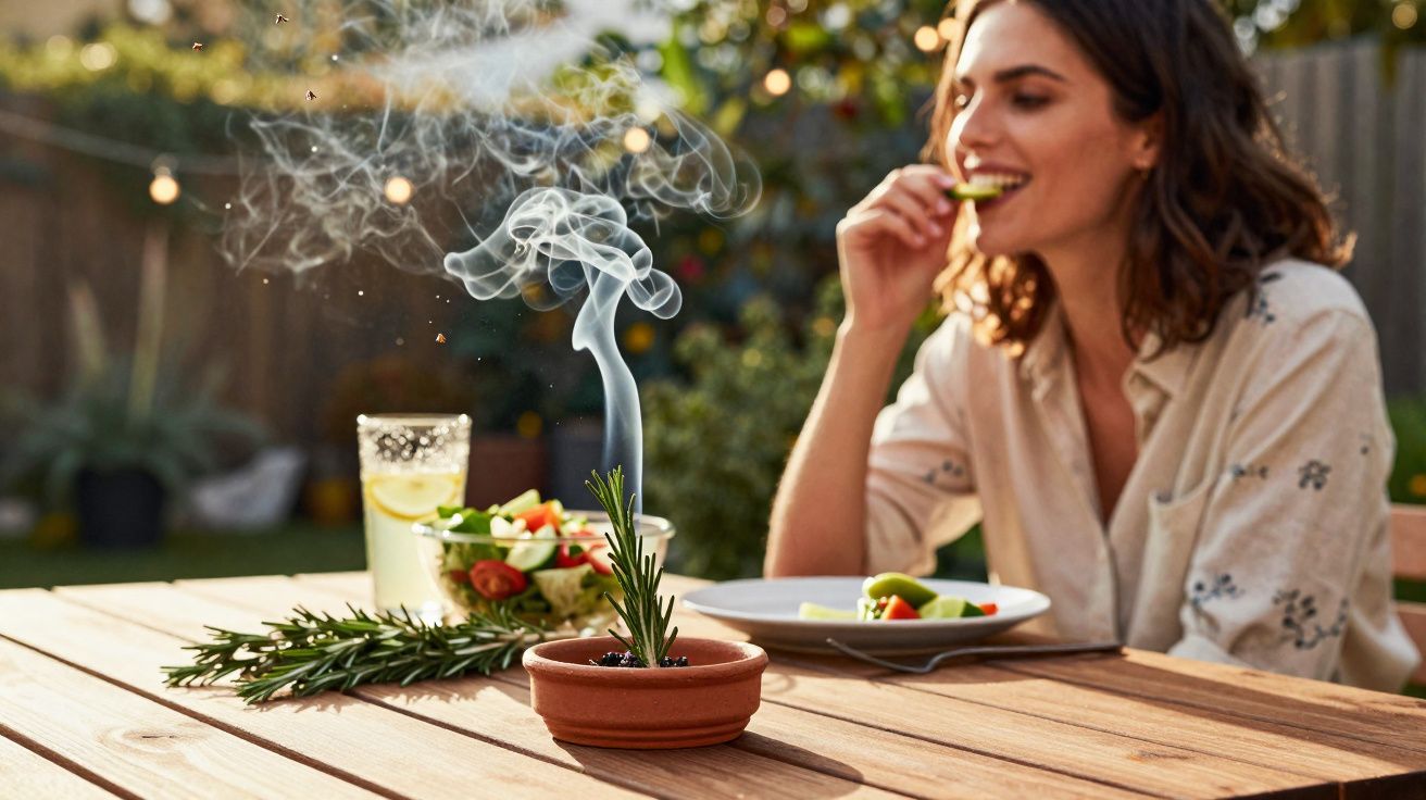 Mulher sorrindo comendo salada ao ar livre, mesa de madeira com incenso e bebida.