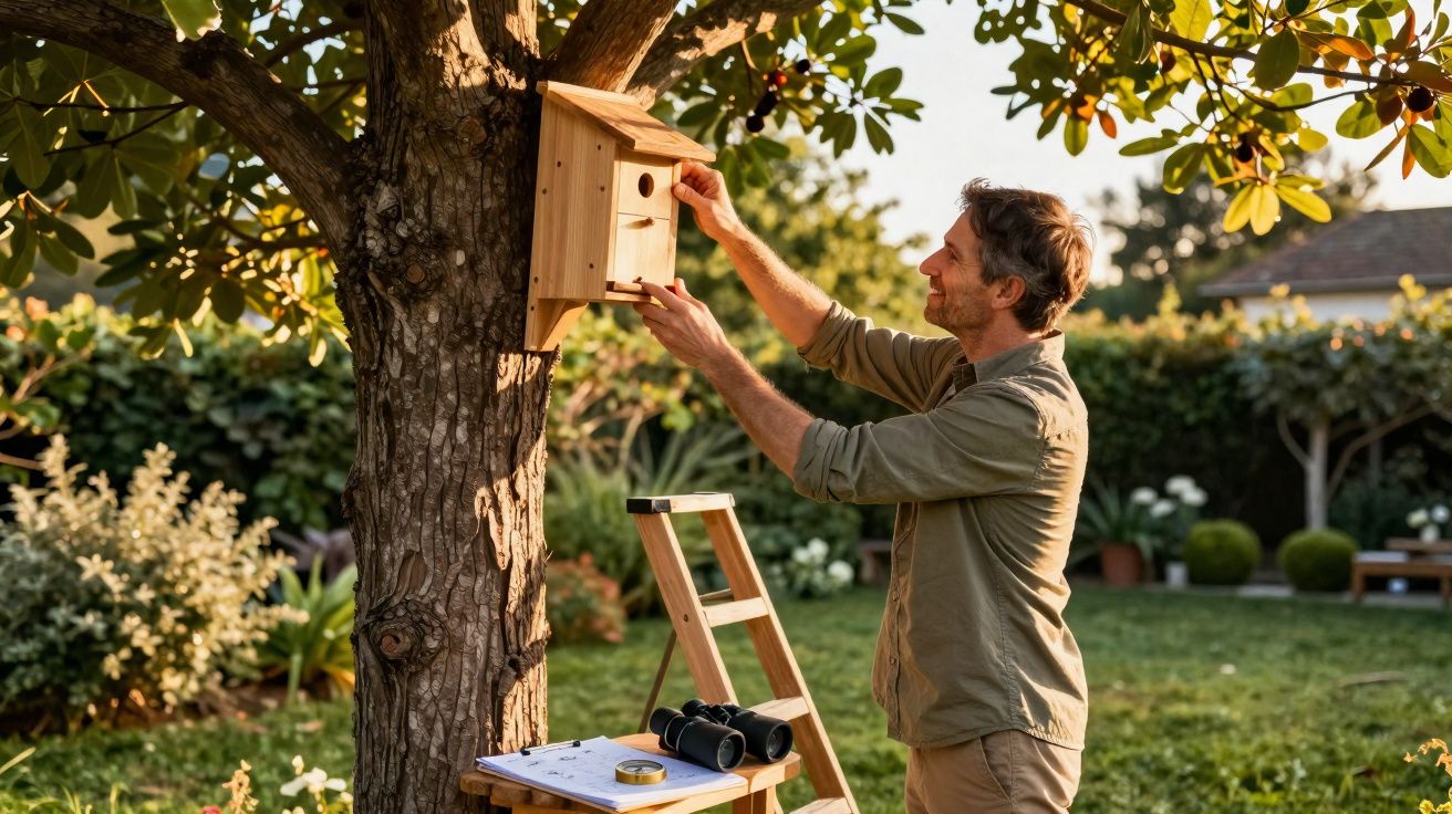 Homem instalando uma casinha de passarinho em uma árvore no jardim durante o dia.