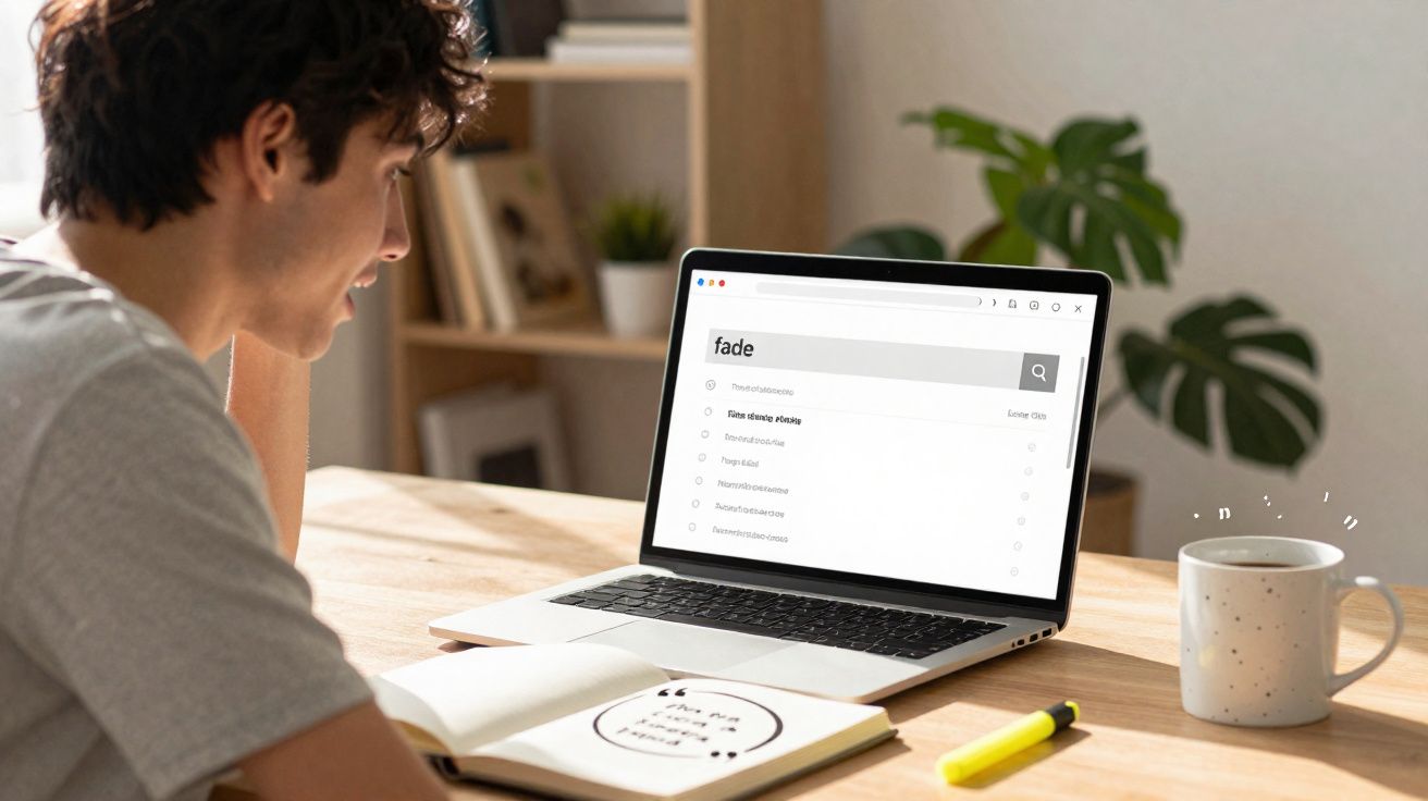 Jovem pesquisando a palavra "fade" no laptop, com caderno aberto e caneca ao lado em ambiente iluminado.