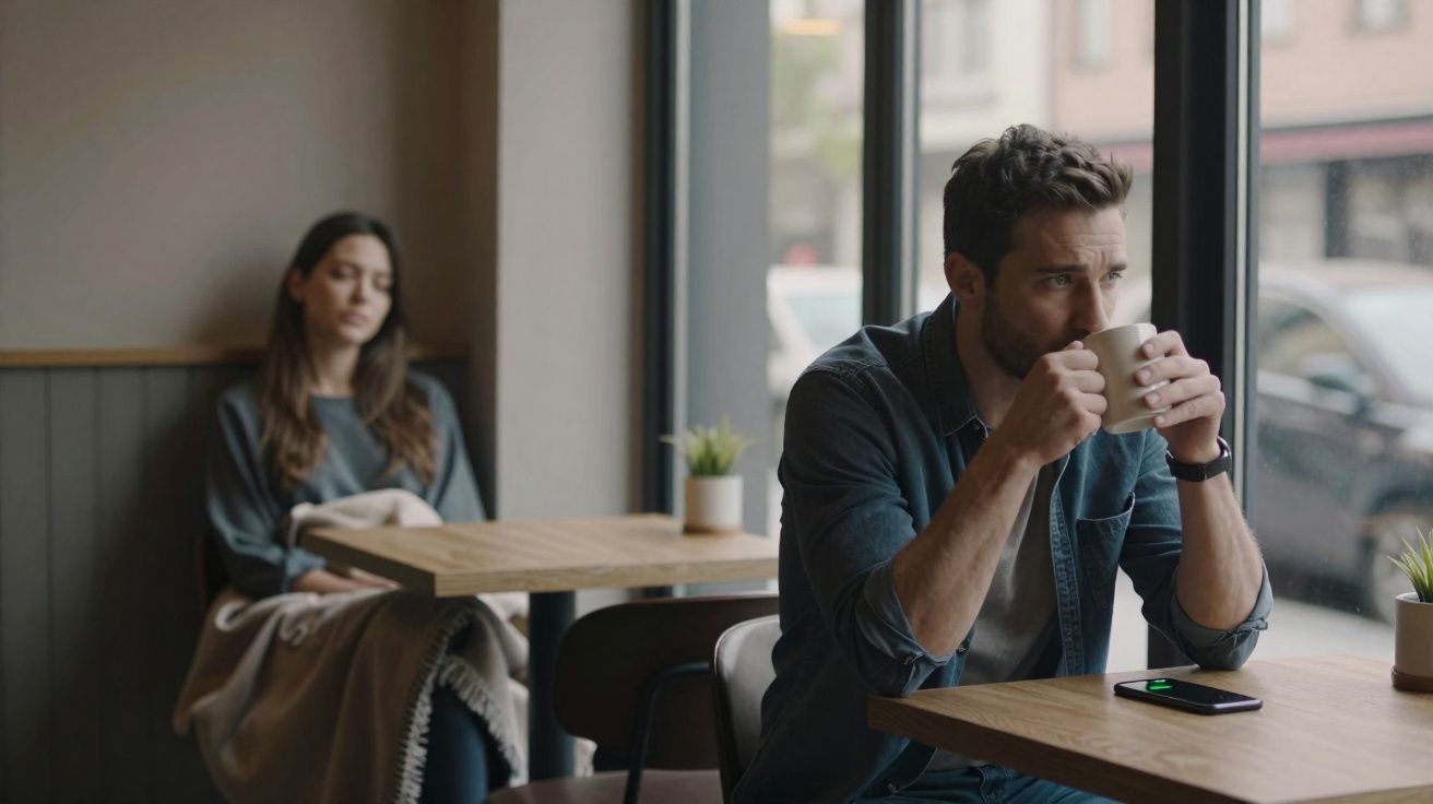Homem sentado em cafeteria olhando pela janela enquanto toma café, mulher sentada ao fundo com expressão triste.