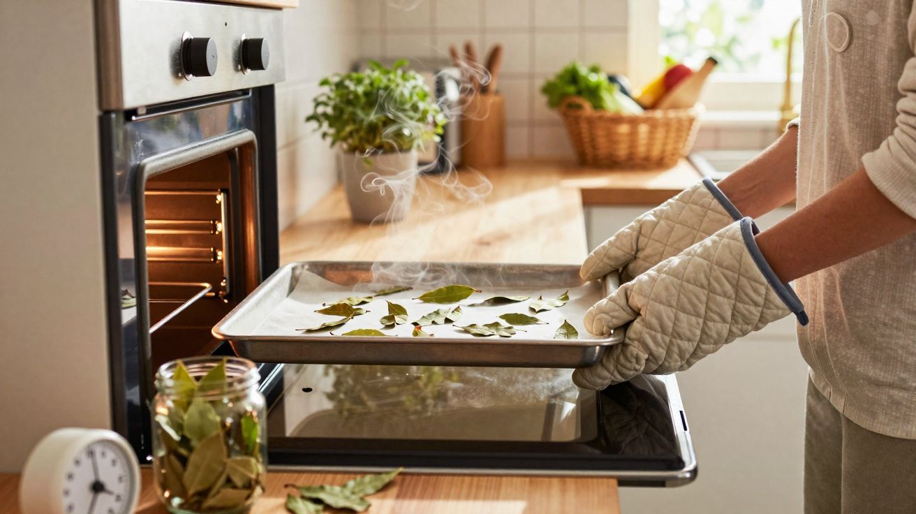 Pessoa retirando folhas de louro assadas do forno em cozinha iluminada e decorada com plantas.