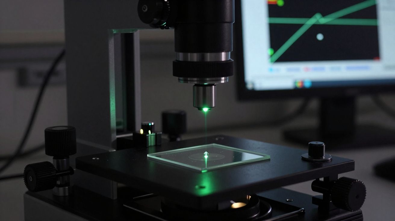 Microscópio com feixe de luz verde focado em amostra plana em laboratório com monitor ao fundo.