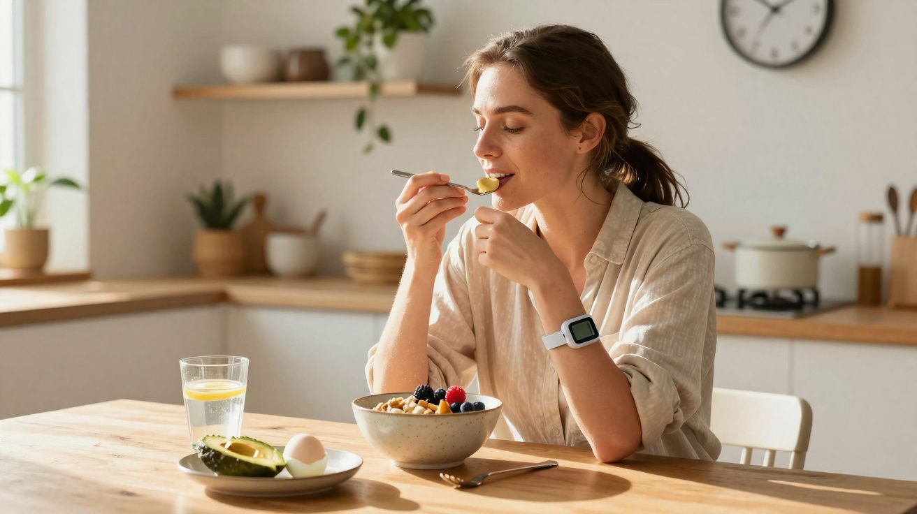 Mulher sentada à mesa, saboreando café da manhã saudável com frutas e ovos na cozinha iluminada.