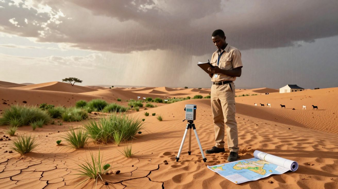 Homem em uniforme fazendo anotações ao lado de equipamento e mapa no deserto com céu nublado.