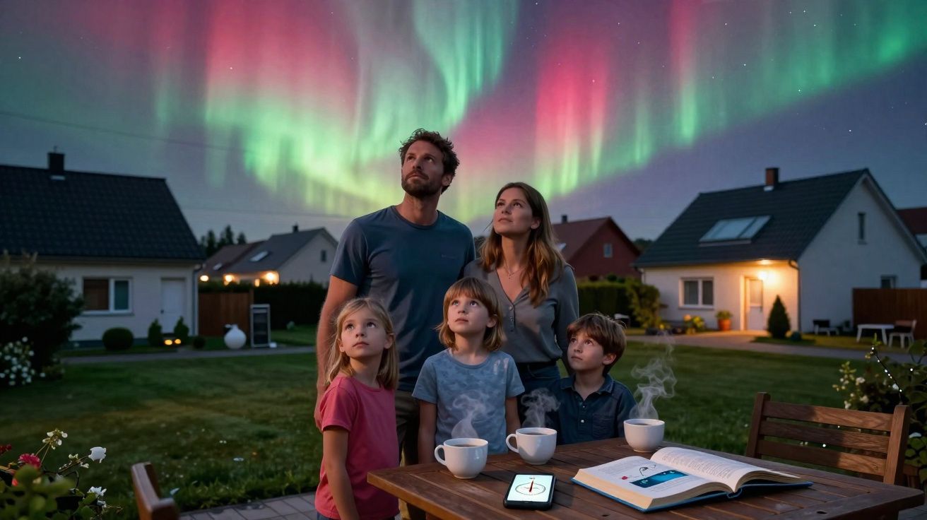 Família observa aurora boreal no céu durante a noite em um quintal com casas ao fundo.