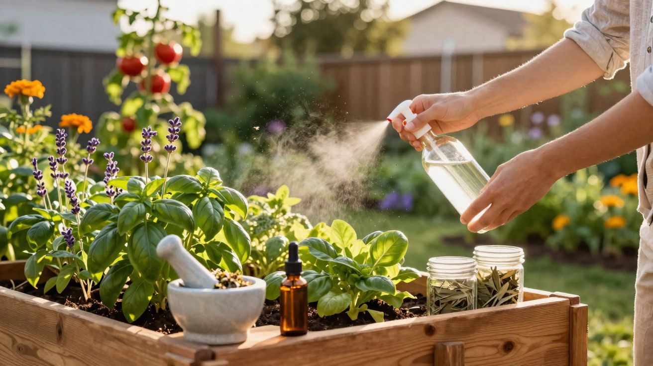 Pessoa borrifando plantas em canteiro elevado com ervas e flores em jardim ao ar livre.