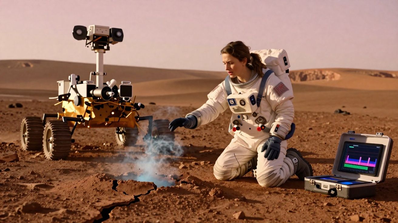 Astronauta em traje completo examina solo rachado em Marte com rover e equipamento de monitoramento ao lado.