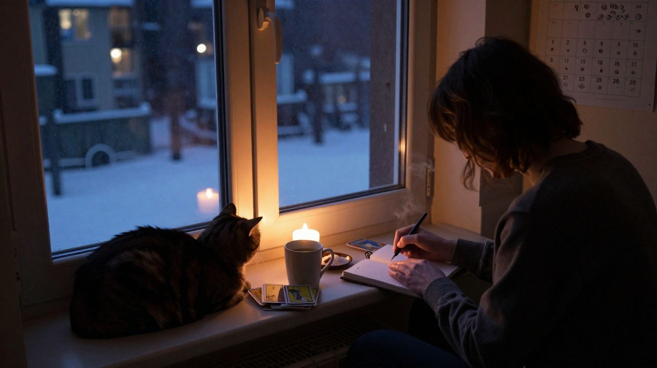 Pessoa escrevendo à mão próxima a janela, vela acesa, gato sentado no parapeito e cena noturna com neve do lado de fora.