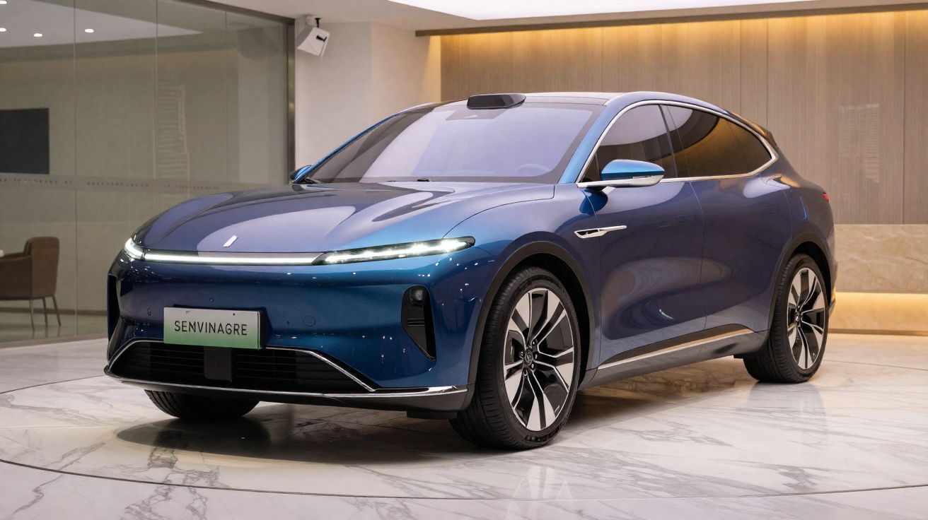 Carro elétrico azul exposto em ambiente interno com piso de mármore e iluminação amarela.