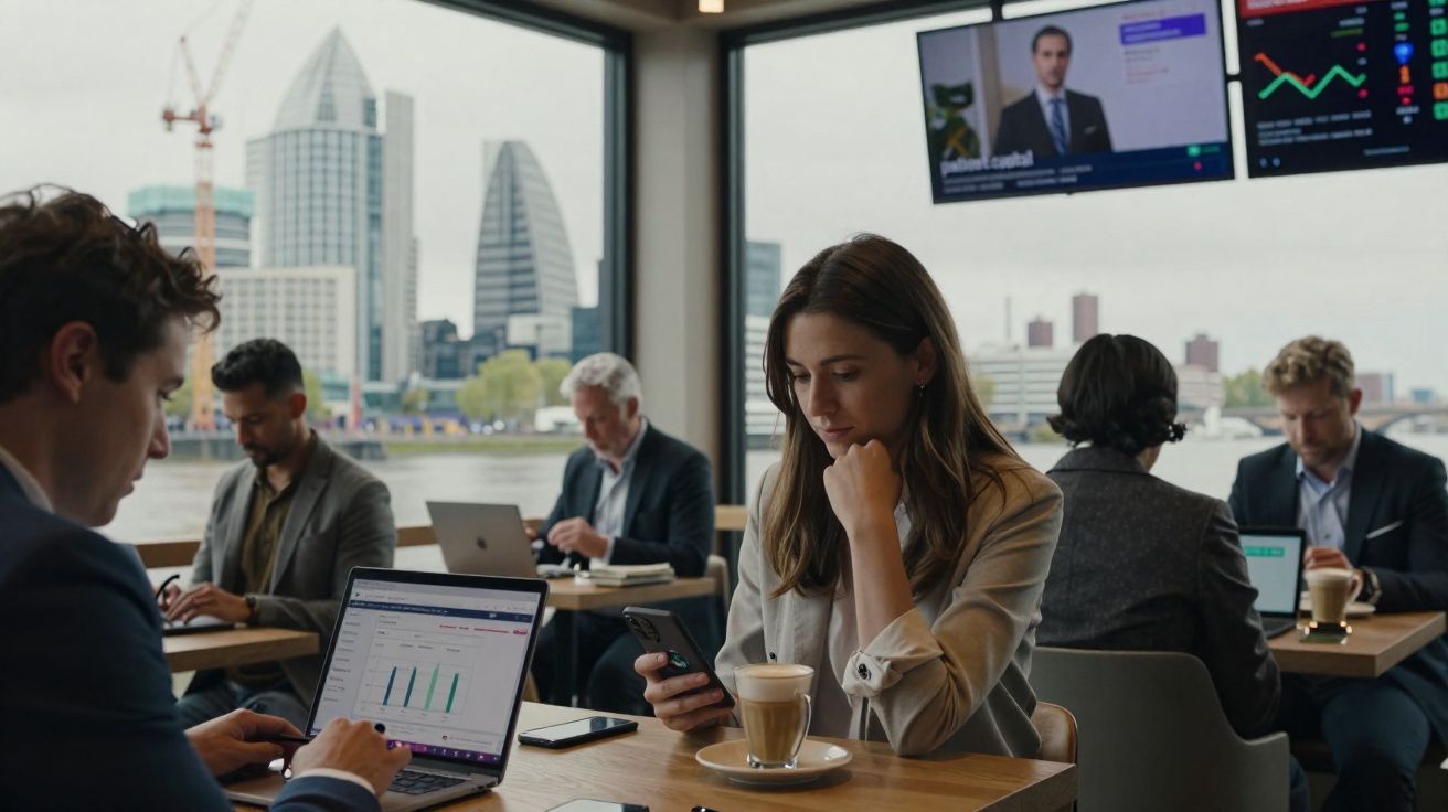 Pessoas trabalhando em café com computadores e celular, prédio moderno e rio ao fundo pela janela.