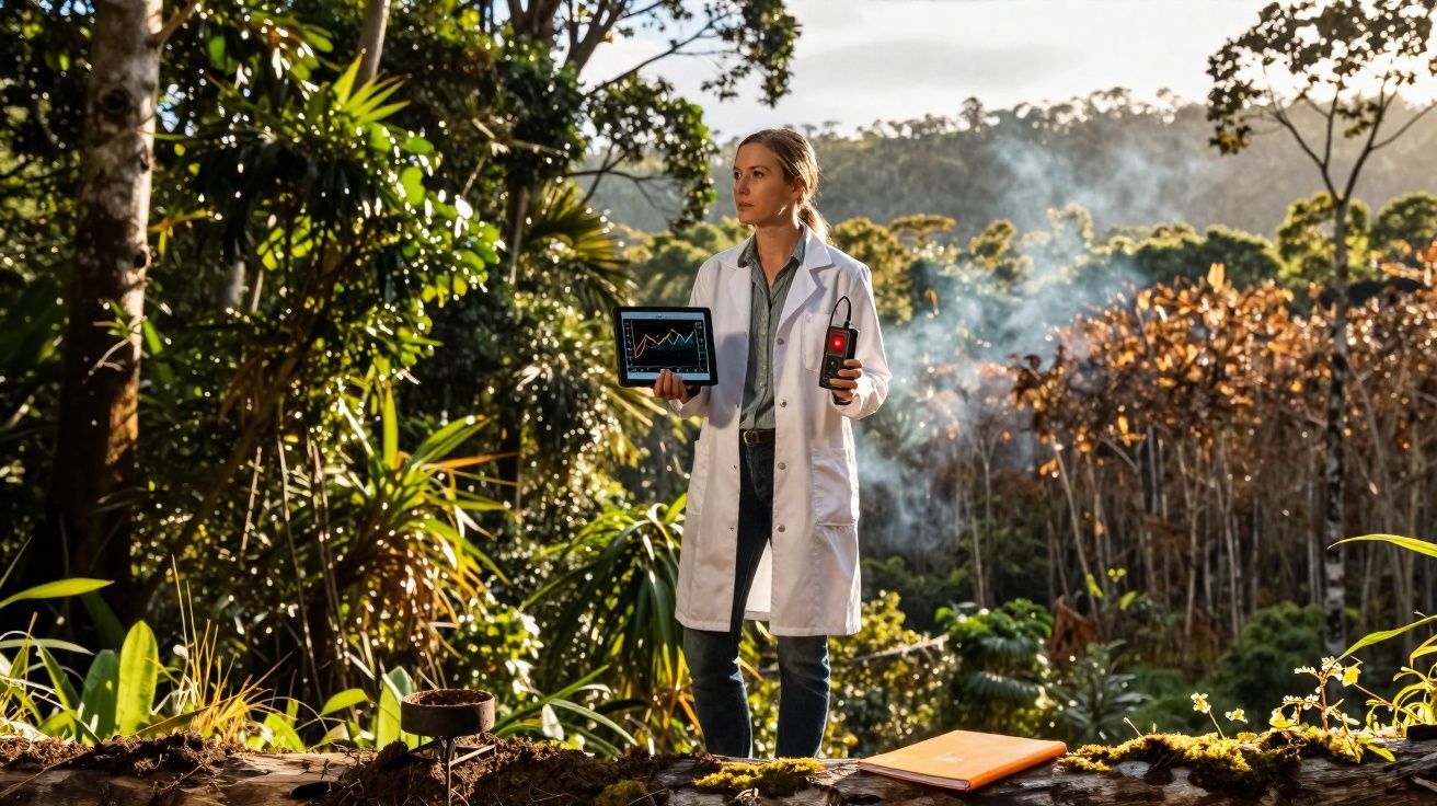 Cientista em jaleco mede dados ambientais com tablet e aparelho eletrônico em floresta com fumaça ao fundo.