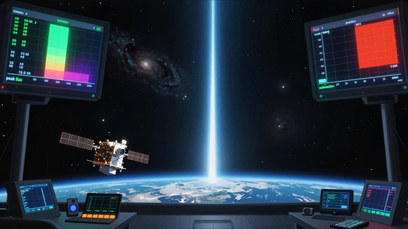 Sala de controle espacial com monitores e satélite observando um feixe de luz saindo da Terra.