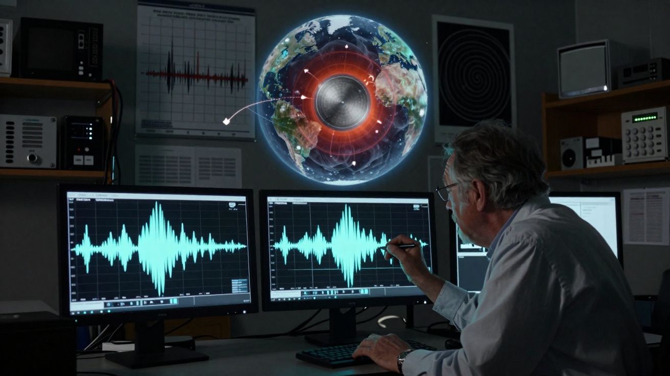 Cientista analisa gráficos de ondas sísmicas em monitores, com imagem ilustrativa da Terra e seu núcleo atrás.
