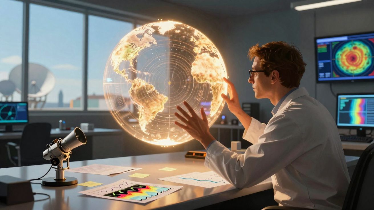 Cientista analisa globo terrestre holográfico iluminado em laboratório com equipamentos tecnológicos avançados.