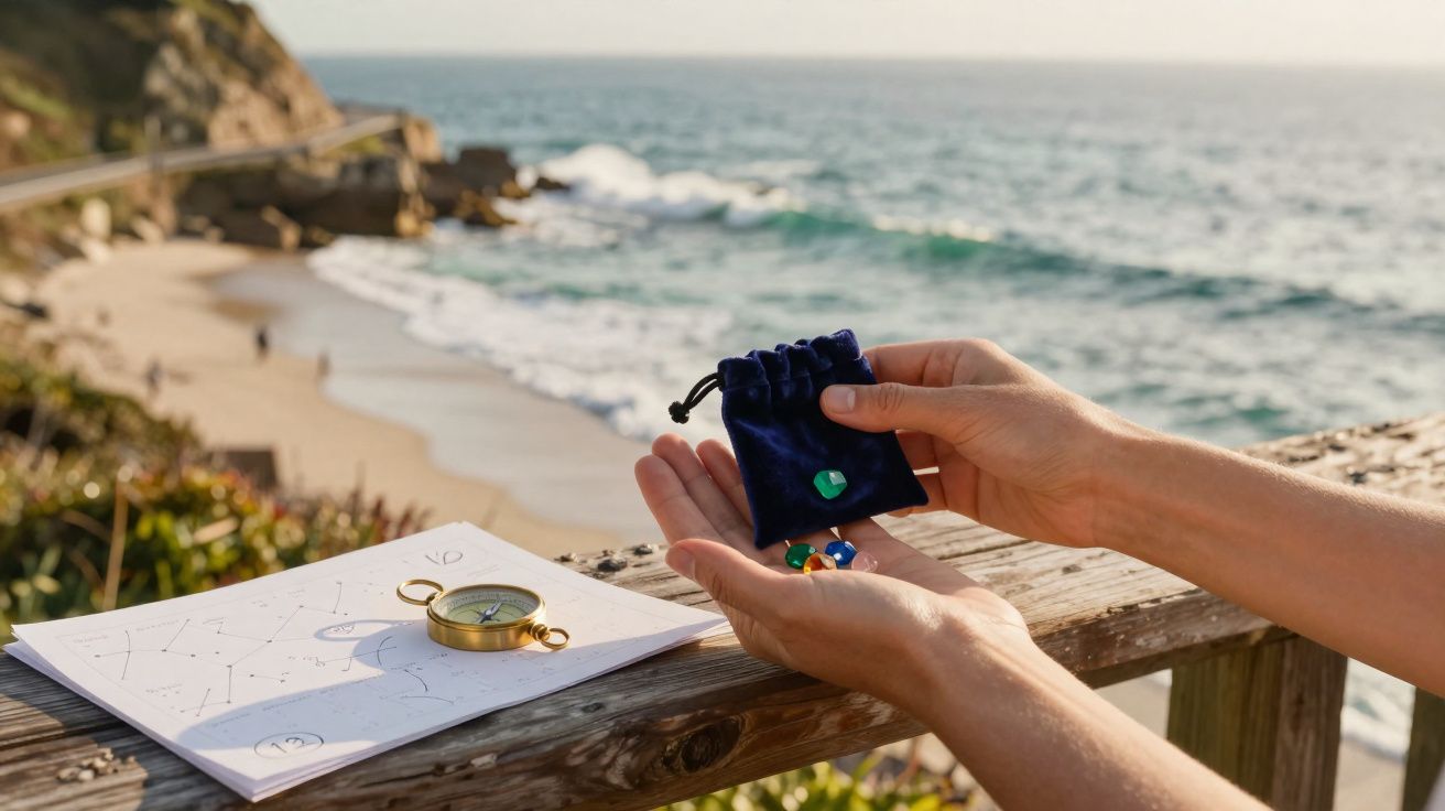 Mãos segurando saquinho com pedras coloridas em varanda de madeira com mapa e bússola à beira-mar.