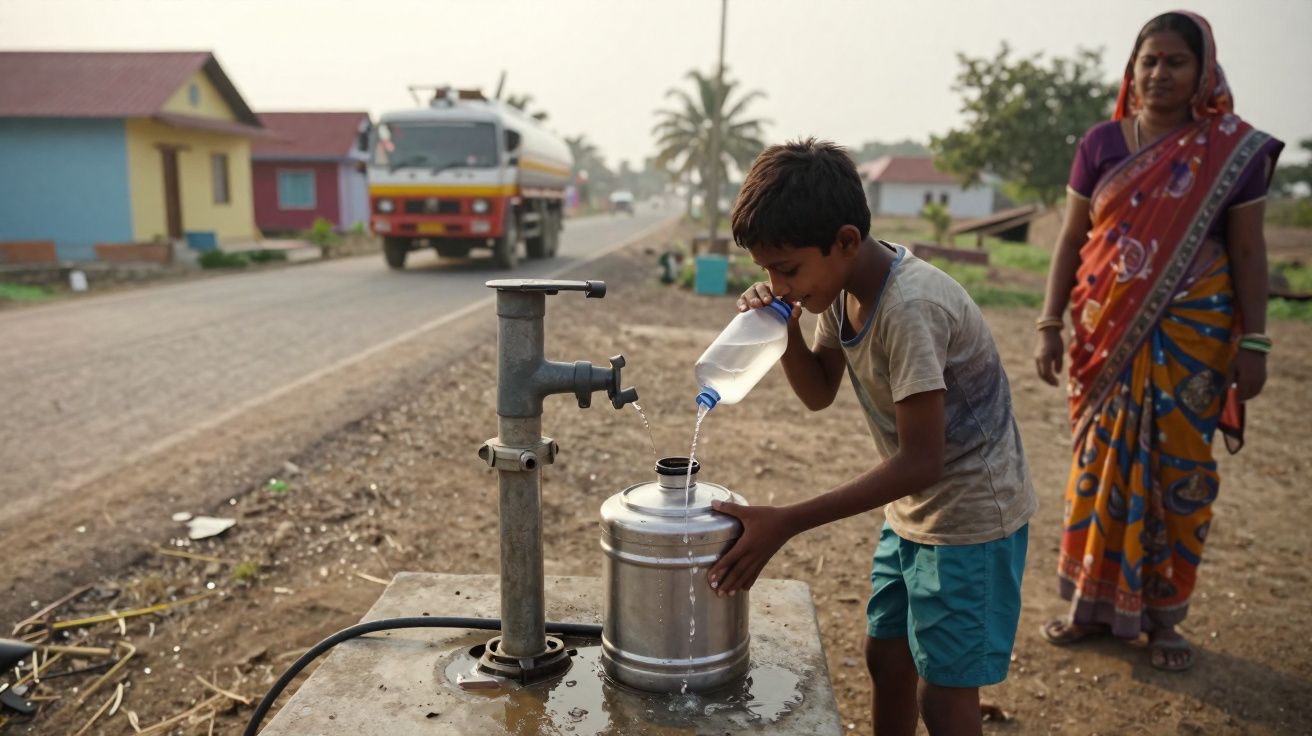 Menino enche jarro de água com garrafa ao lado de bomba manual, com mulher vestida com sari ao fundo.