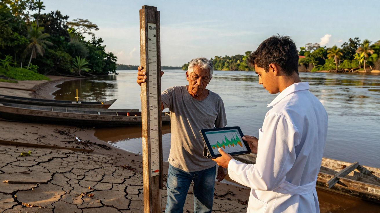 Homem com régua medindo nível do rio e cientista analisando dados em tablet à beira de rio com solo seco.