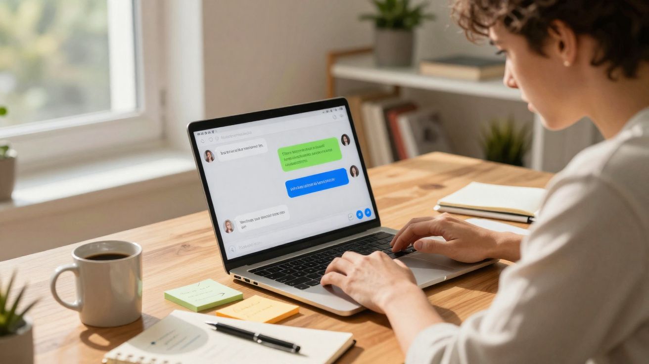 Pessoa digitando em laptop exibindo conversa por mensagens em mesa de madeira com café e caderno.