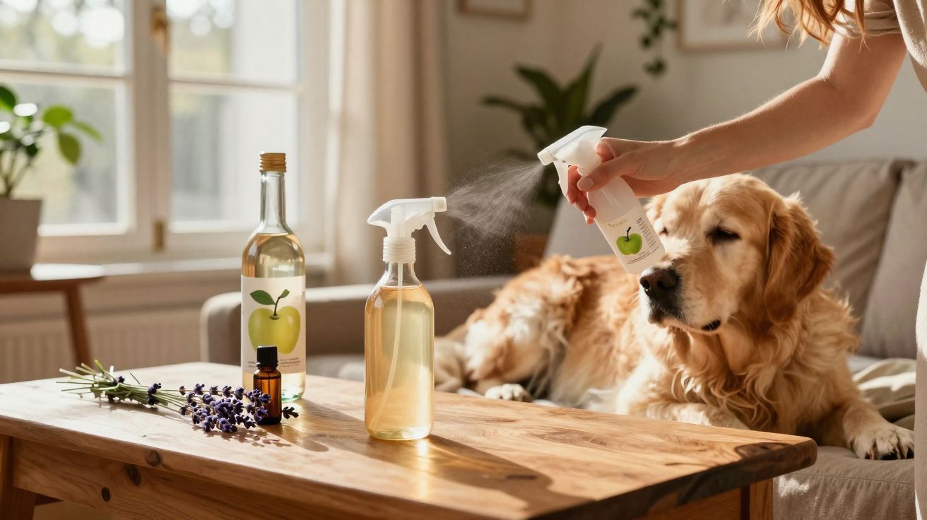 Pessoa borrifando essência de maçã em cachorro dourado deitado no sofá perto de mesa com essências naturais.