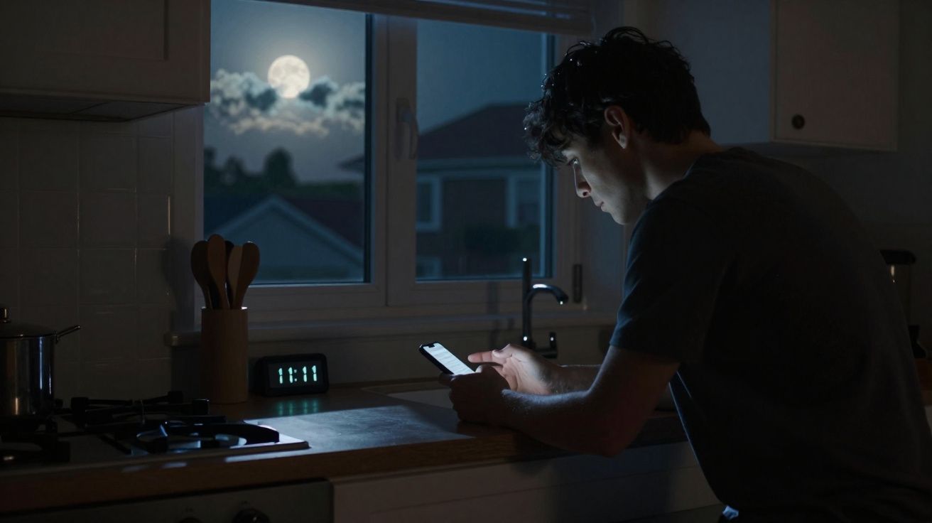 Jovem usando celular em cozinha à noite com lua cheia visível pela janela.
