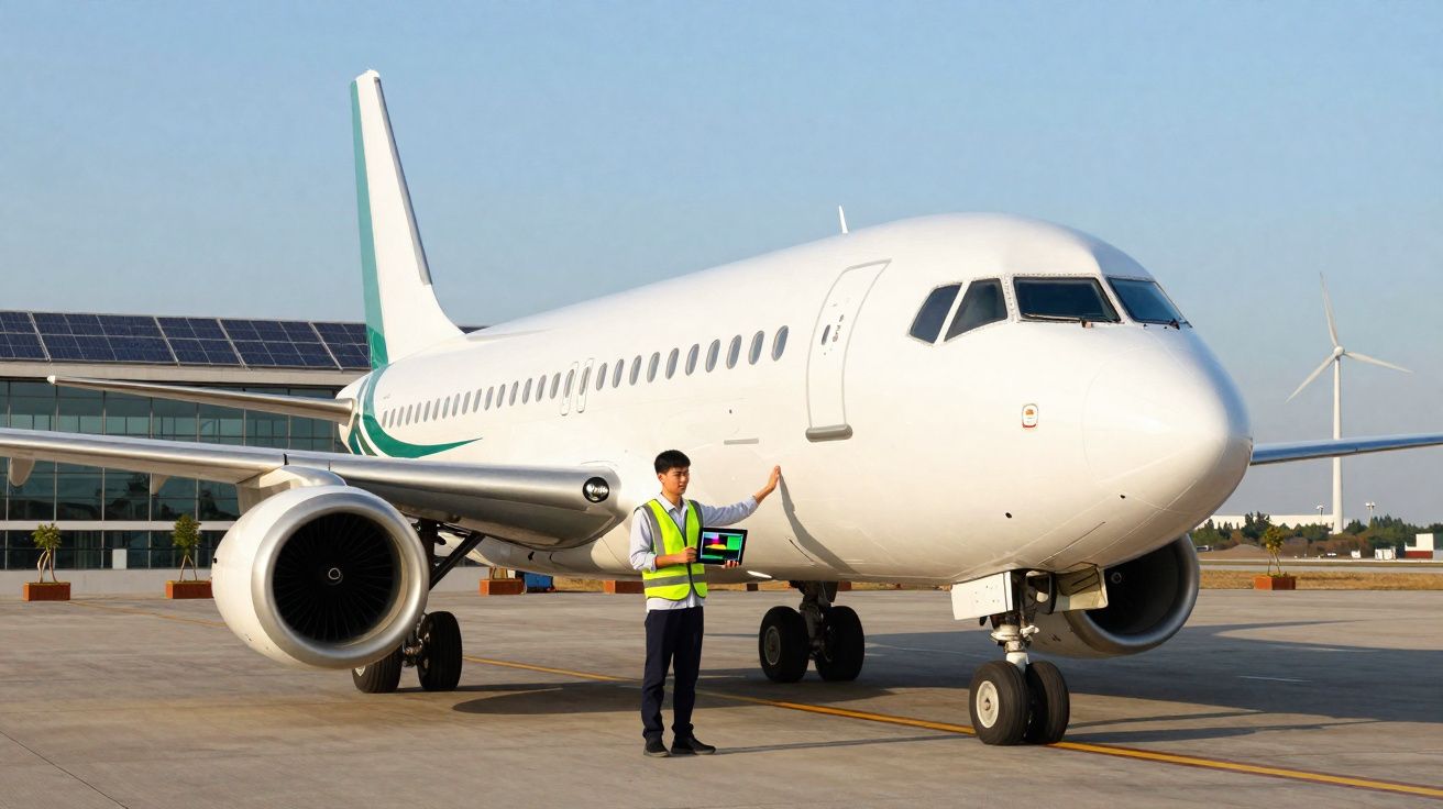 Homem com colete refletivo inspecionando avião branco estacionado em aeroporto com prédio e turbinas ao fundo.