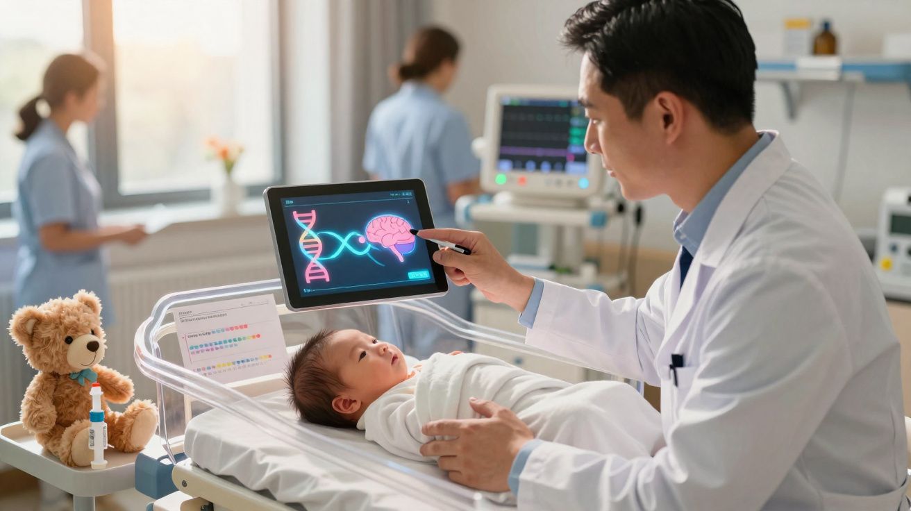 Médico observa bebê no berçário e explica gráfico com DNA e cérebro em tela digital no hospital.