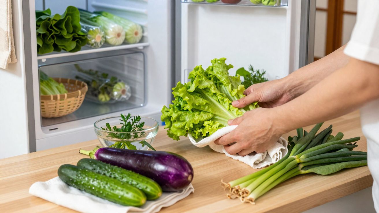 Pessoa lavando folhas de alface em frente à geladeira aberta com verduras e legumes sobre a bancada.