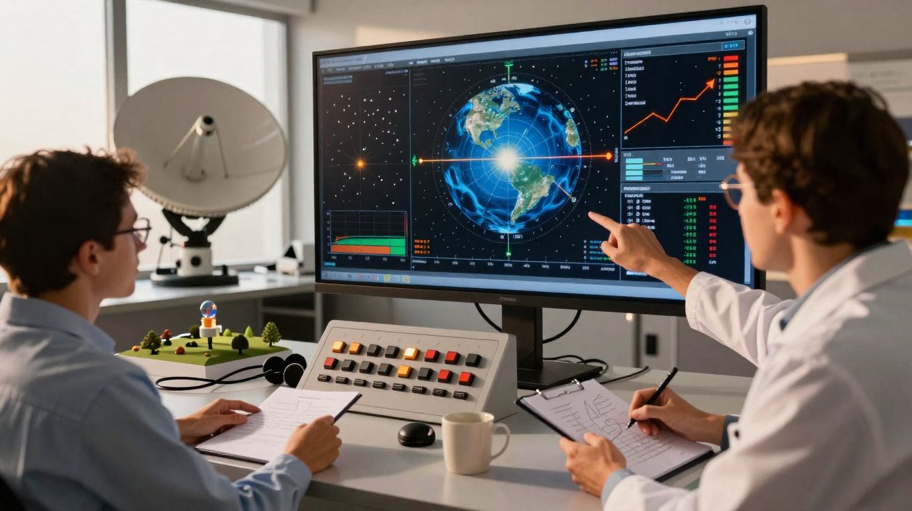 Dois cientistas analisam dados da Terra em um grande monitor com gráficos e imagens do planeta.