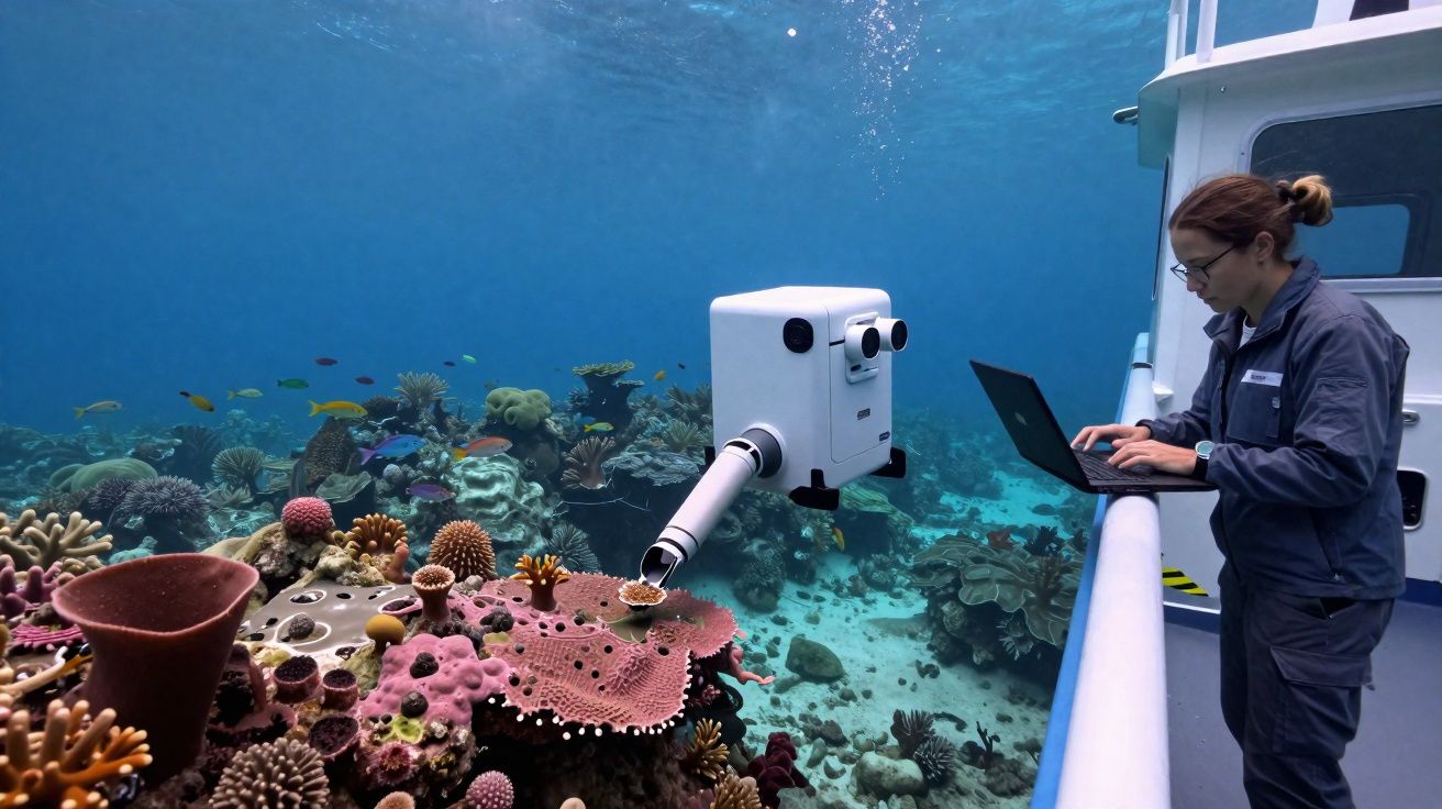 Cientista operando robô subaquático para estudo de recife de coral colorido no oceano, a partir de barco.