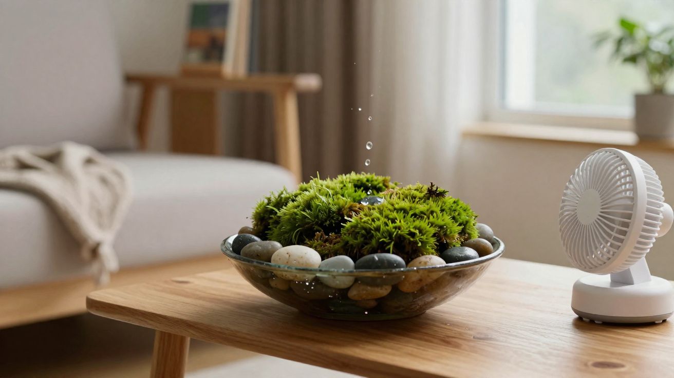 Bacia de vidro com musgo e pedras sobre mesa de madeira, ao lado de ventilador pequeno em sala iluminada.