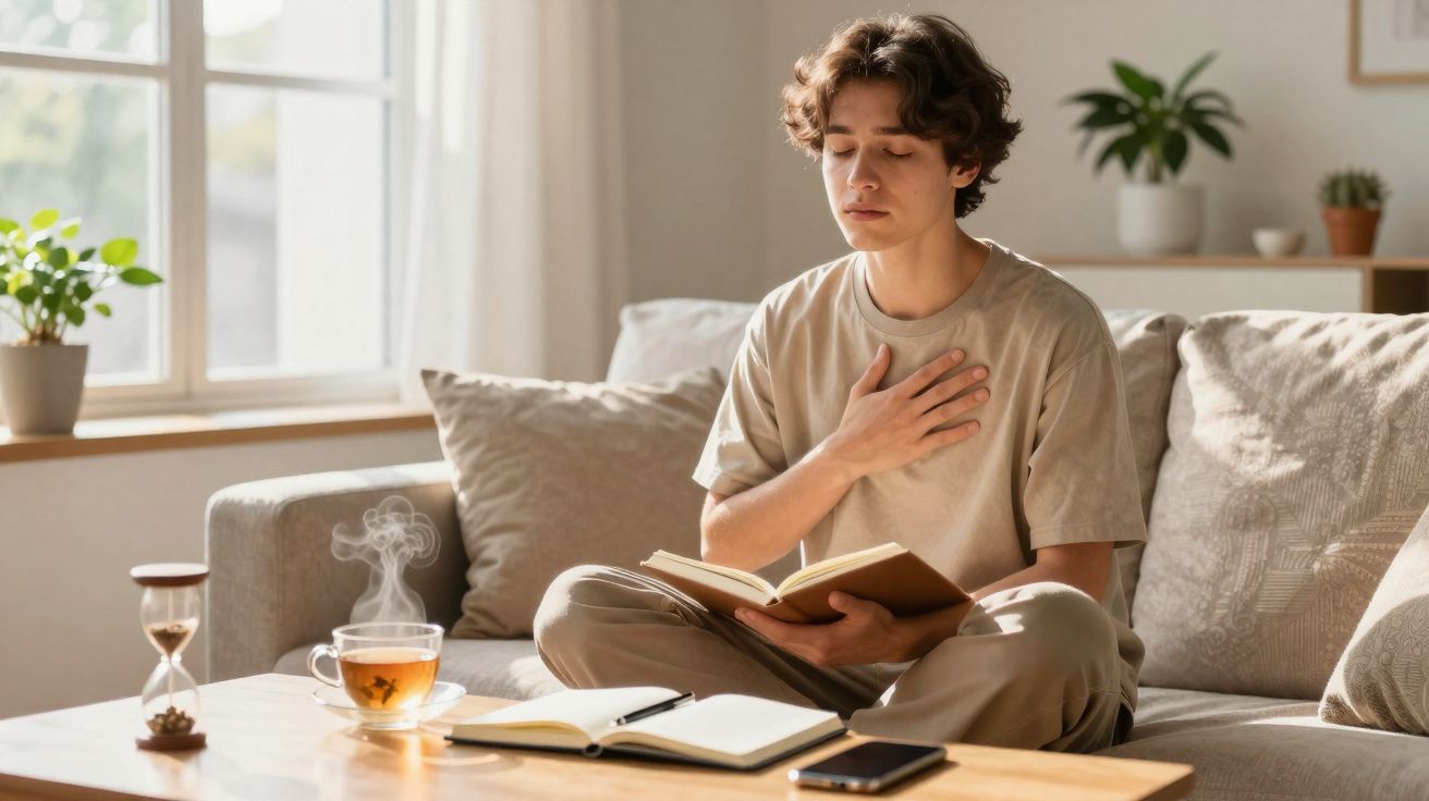 Jovem sentado no sofá meditando com mão no peito, livro aberto no colo e xícara de chá na mesa.